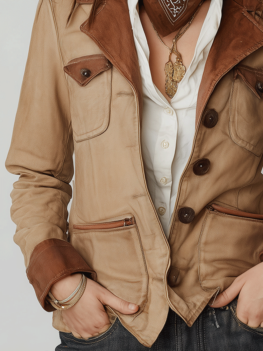 Vintage Contrast Brown Suede Multi-Pocket Utility Jacket