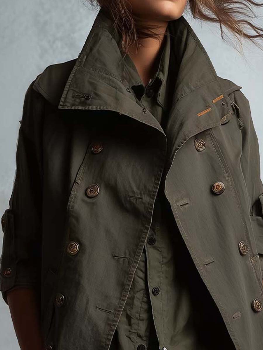 Vintage Army Green Utility Trench Coat With Double-Breasted Buttons