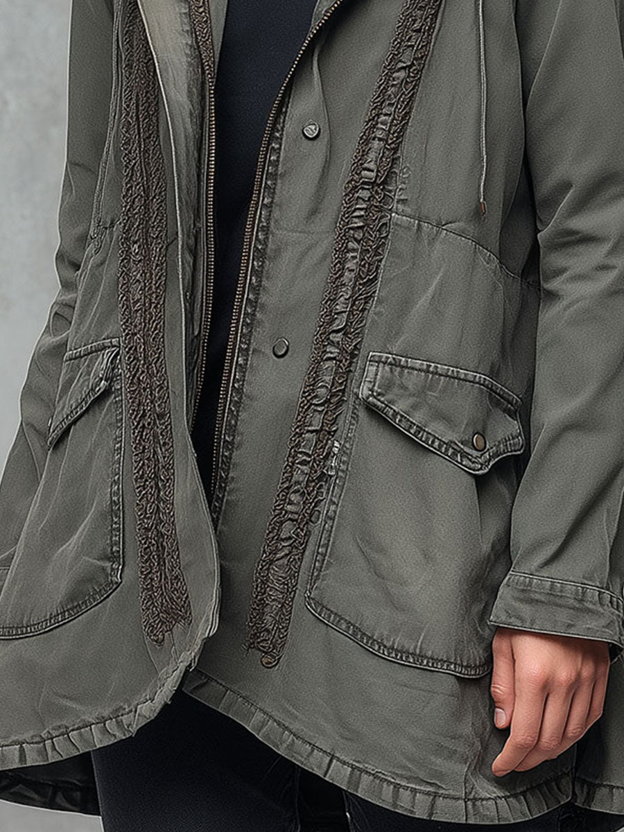 Utility Army Green Washed Denim Hooded Cargo Parka Jacket With Pockets