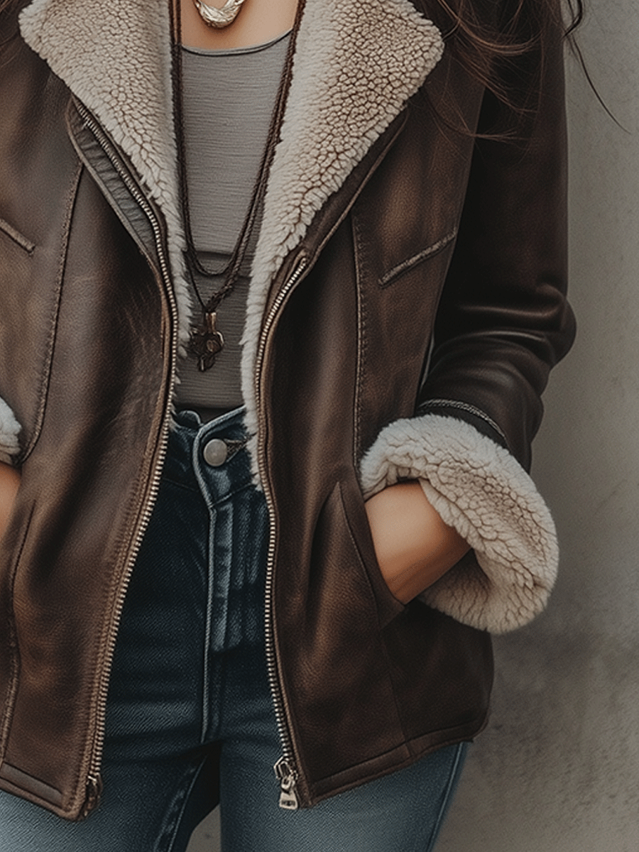 Vintage Brown Wool-Lined Faux Leather Jacket