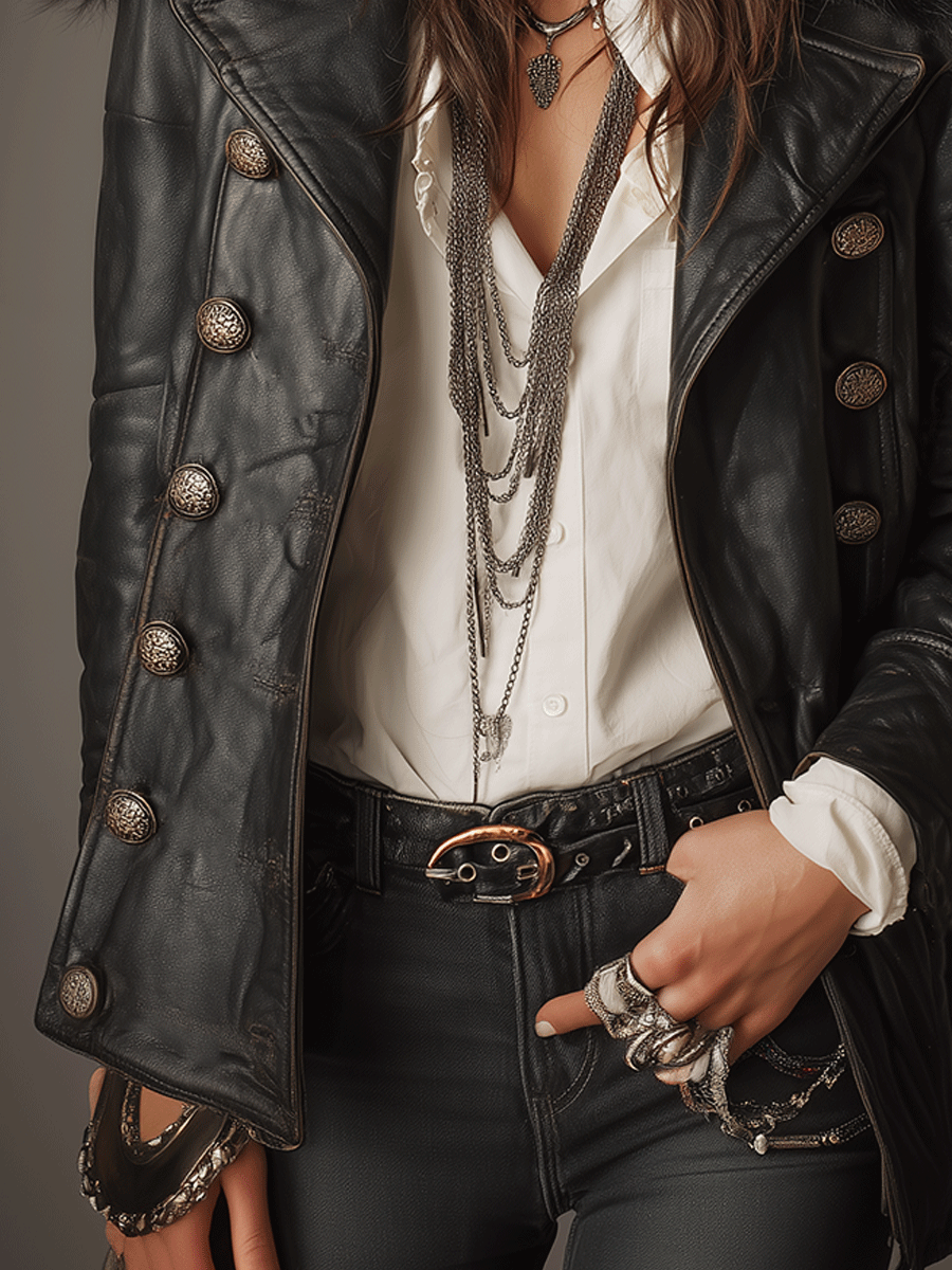 Retro Military Leather Faux Fur Collar Black Leather Longline Jacket