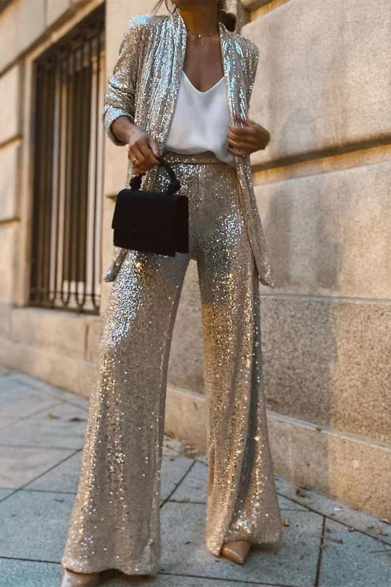 Costanza® | Elegant Sequin Open Jacket And Wide-Legged Pants Set