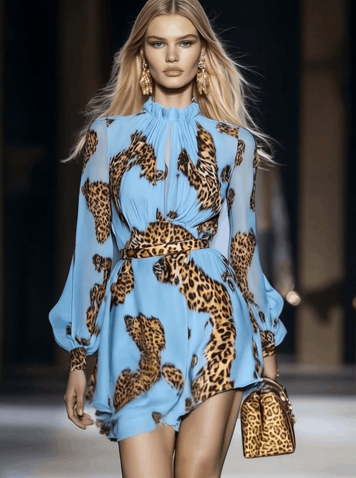 Elegant Personality Leopard Print Sky Blue Chiffon Mini Dress
