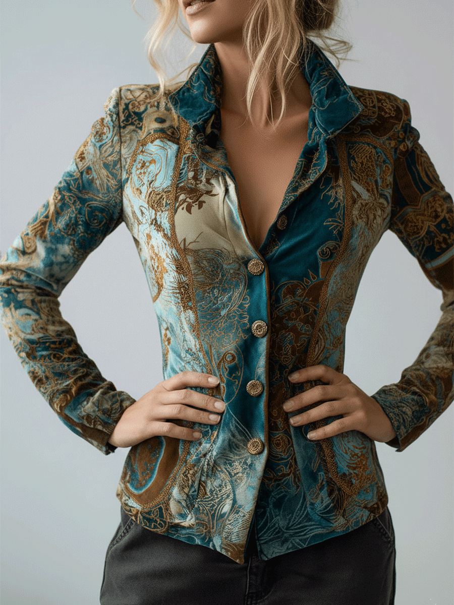 Vintage Baroque Velvet Teal And Gold Tapestry Print Jacket