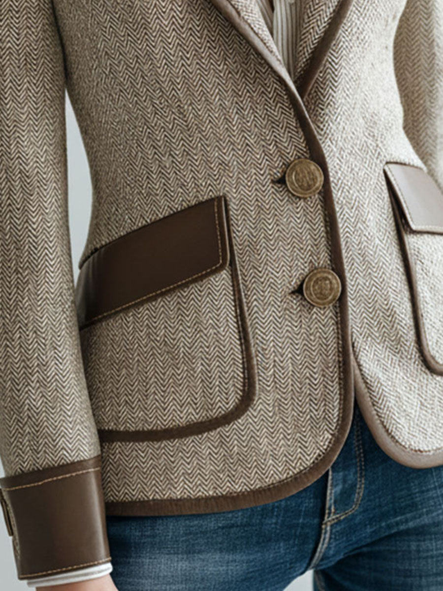 Vintage Herringbone Tweed Eco Leather Trim Tailored Jacket