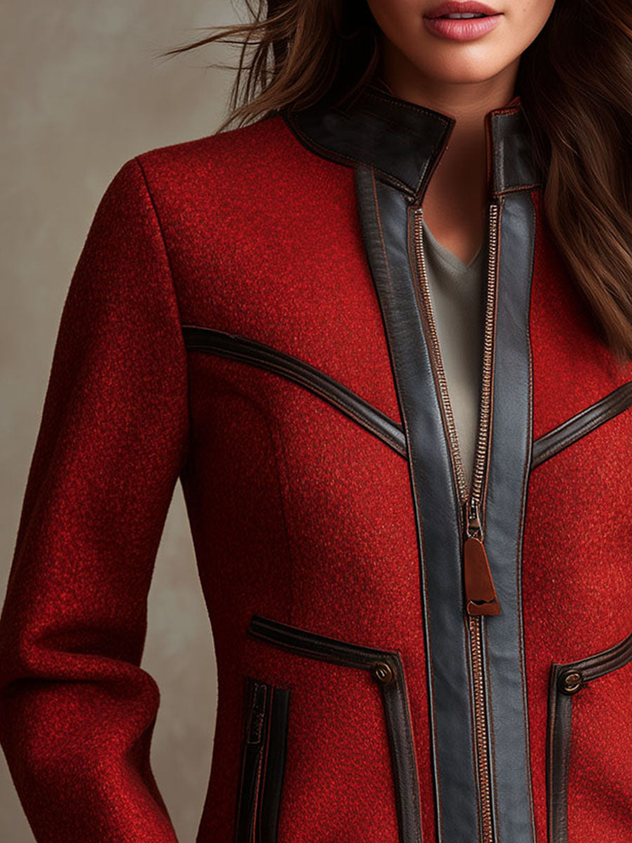 Red Wool Blend Zip-Up Jacket With Black Eco Leather Trim