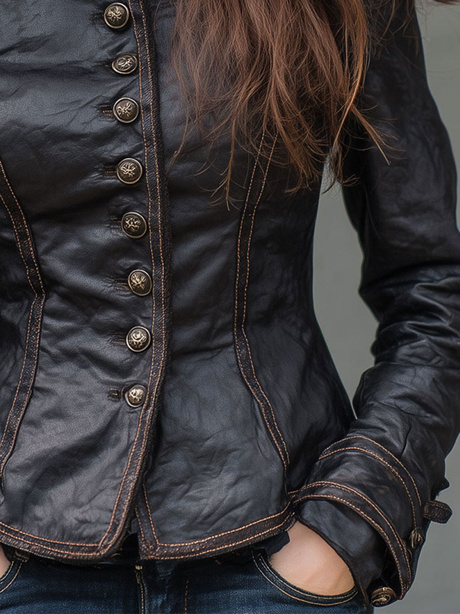 Retro Stand Collar Metal Button Pu Jacket