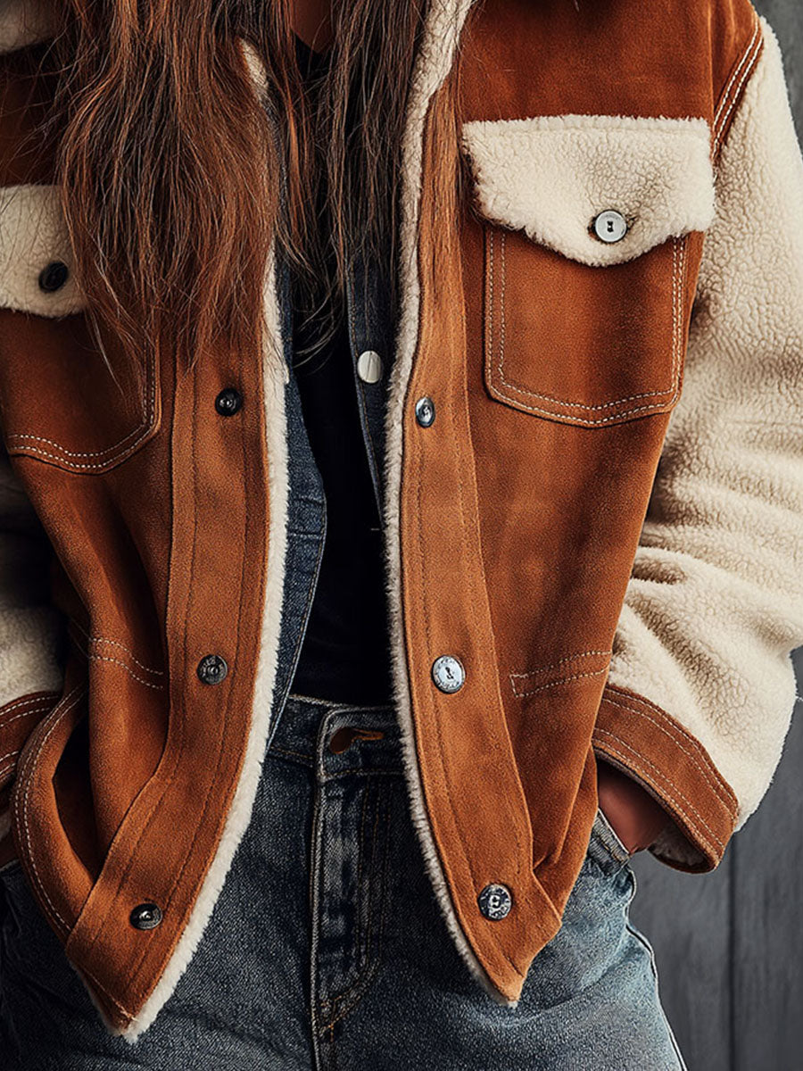 Casual Brown Eco Suede Sherpa Lined Denim-Style Jacket