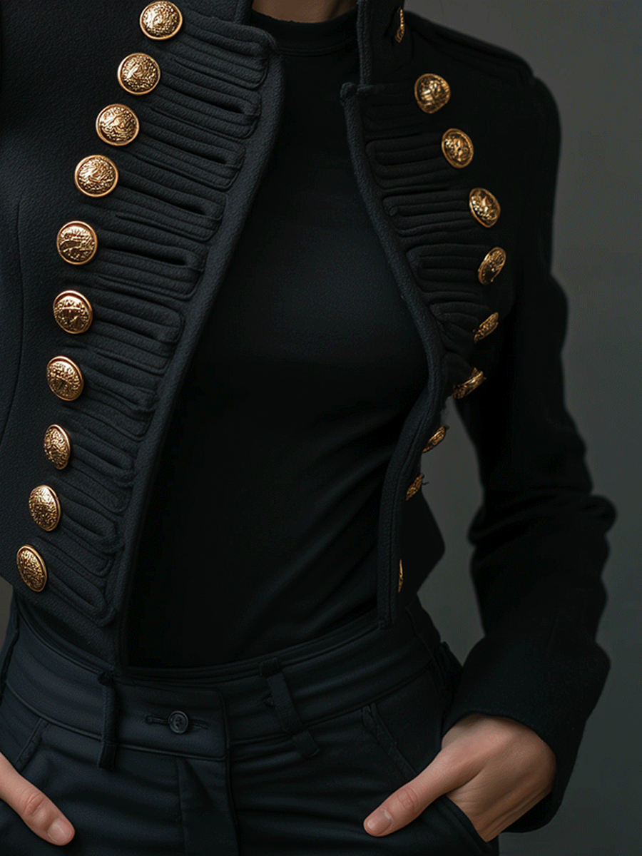 Vintage-Inspired Black Double Rows Of Gold Buttons Short Fit Jacket