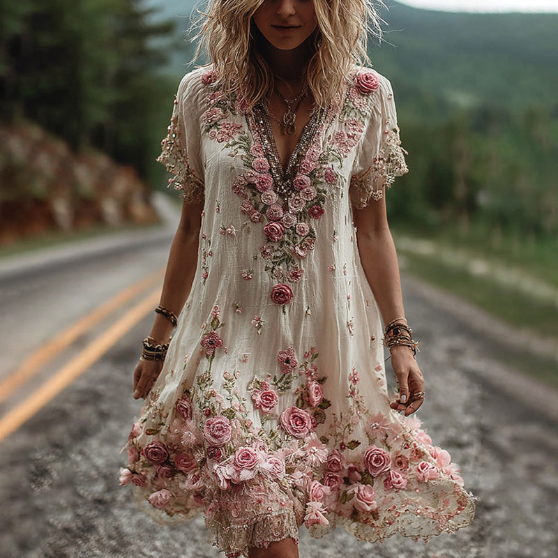 RUBY – BLOSSOM EMBROIDERED V-NECK DRESS