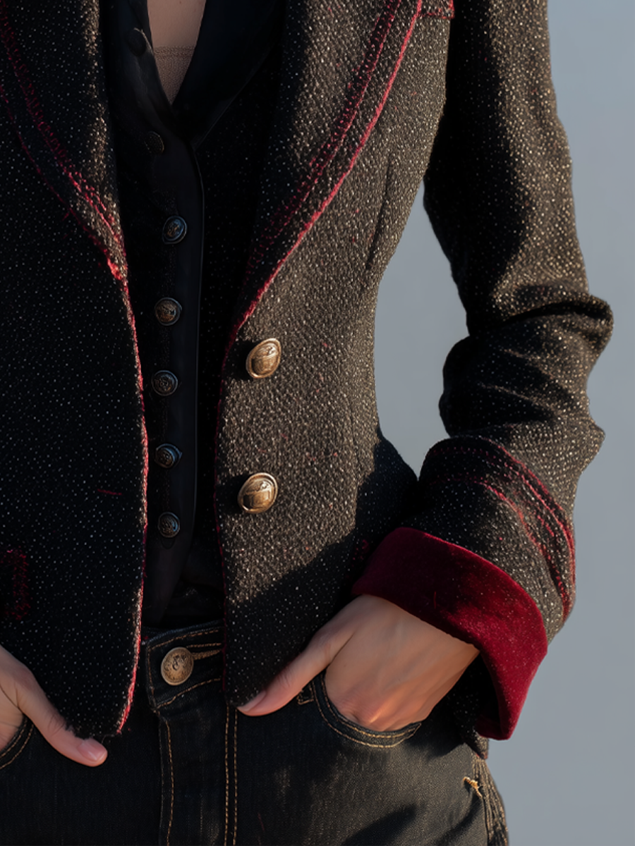 Vintage Poly Velvet Cuff Tweed Jacket