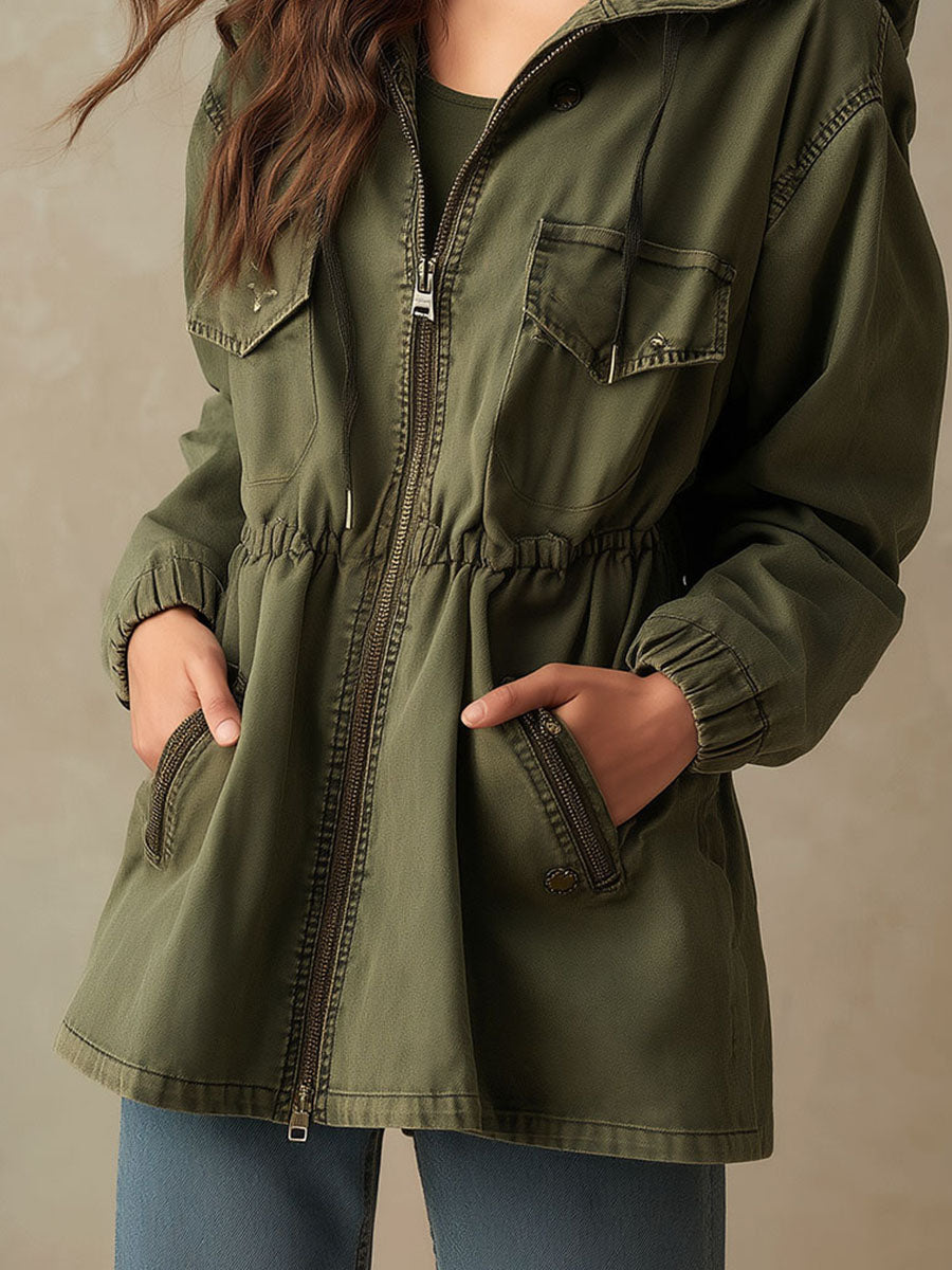 Casual Olive Green Utility Cargo Jacket With Drawstring Waist