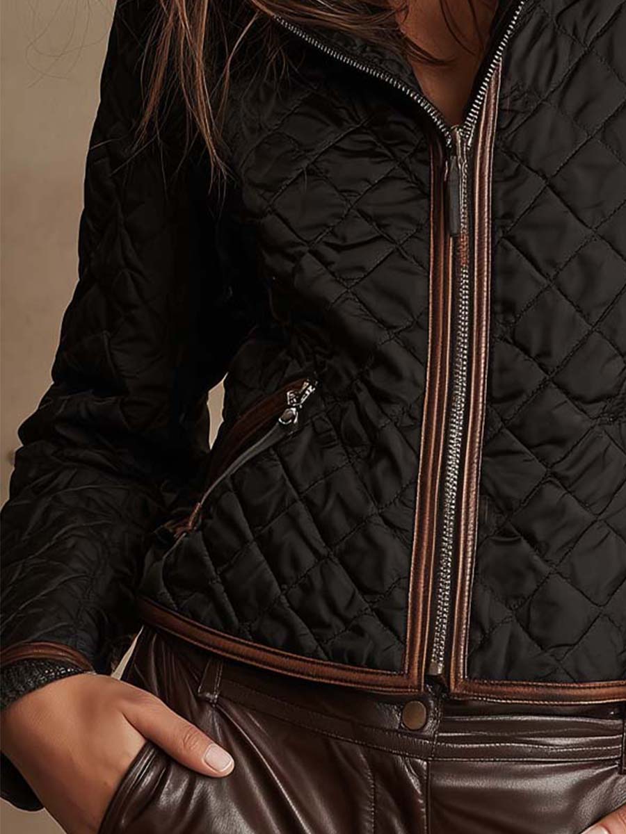 Quilted Black Jacket With Contrast Leather Trim