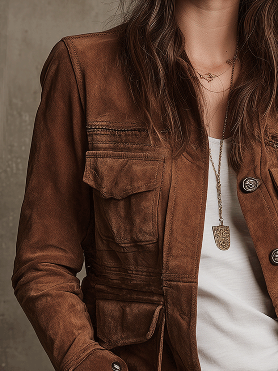 Vintage Brown Suede Utility Jacket