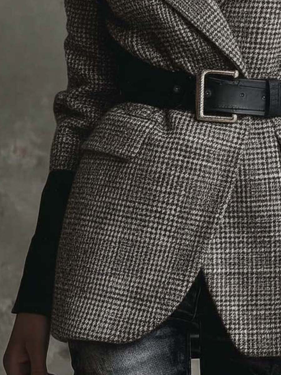 Vintage Plaid Wool Blazer With Leather Cuffs And Belt