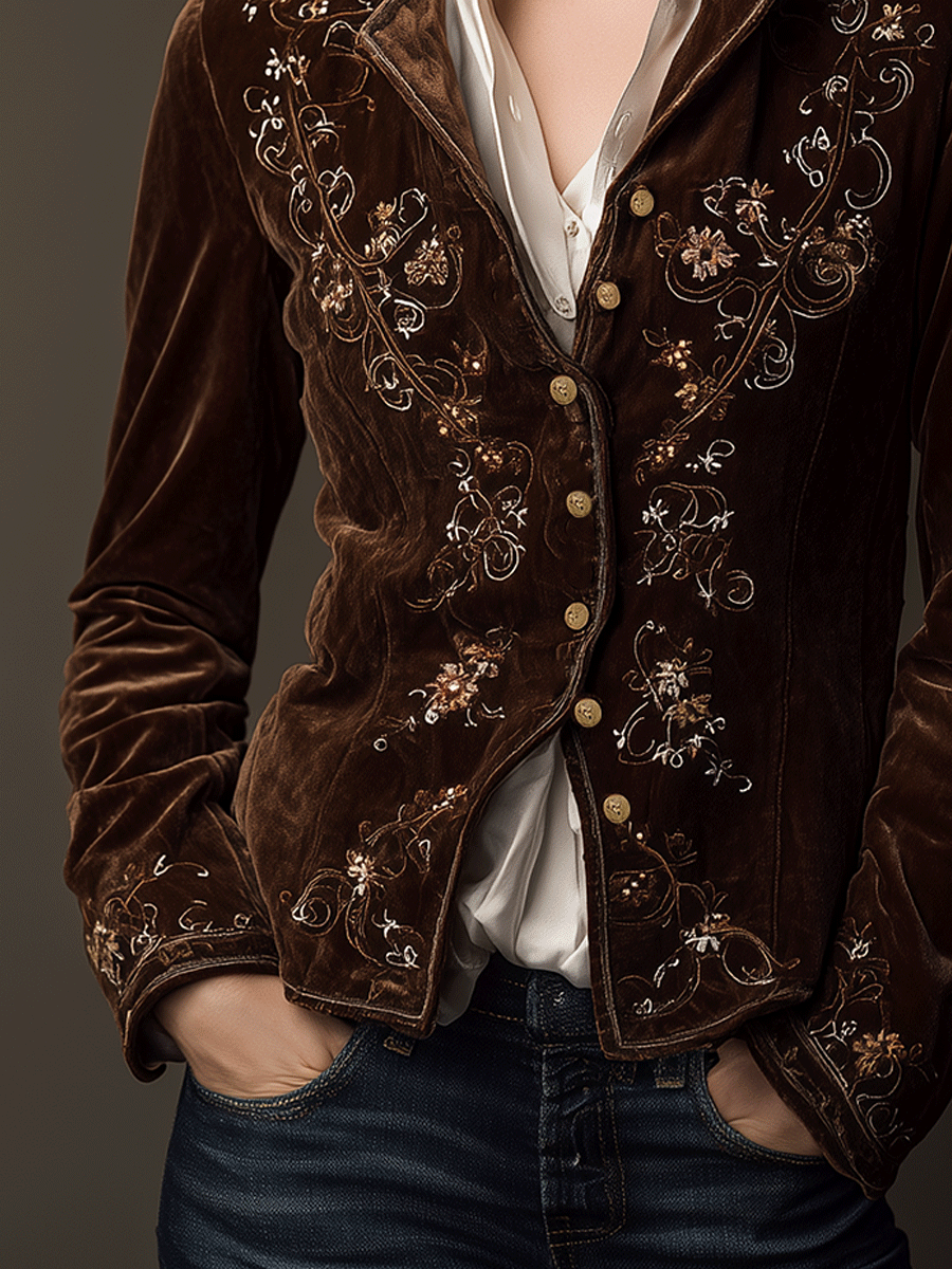 Vintage Floral Embroidery Brown Velvet Blazer