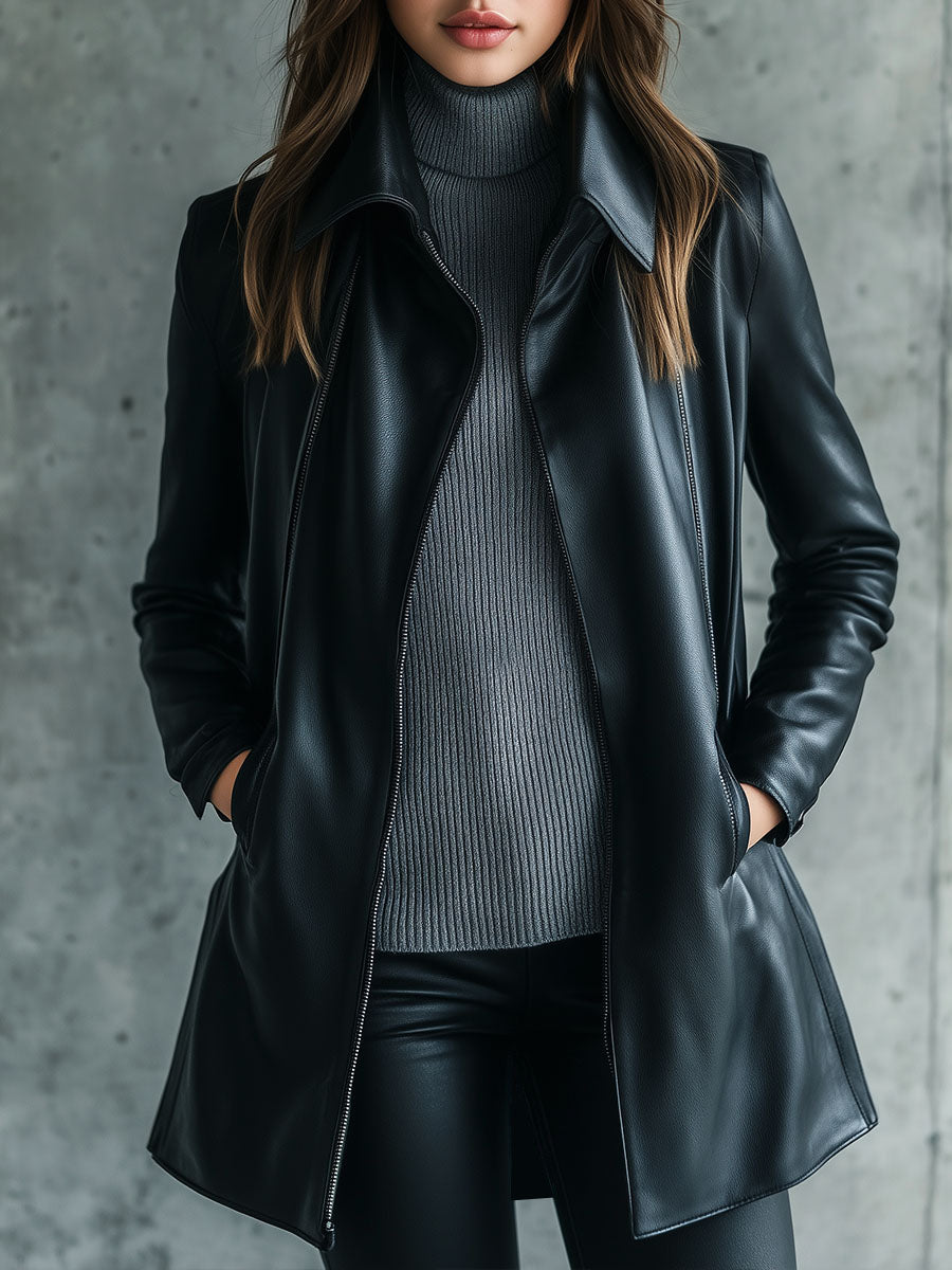 Women Simple Lapel Solid Color Faux Leather Jacket