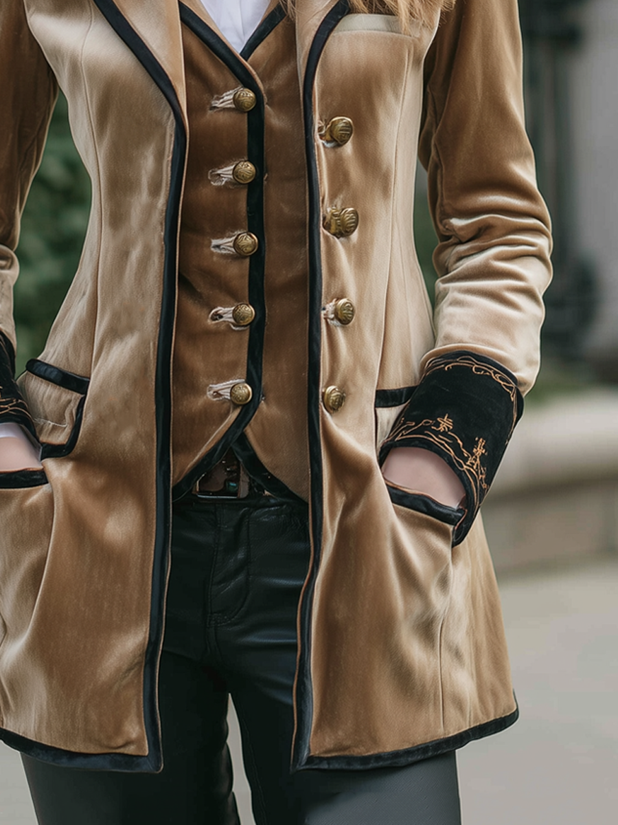 Vintage Contrast Trim Embroidered Cuffs Velvet Jacket