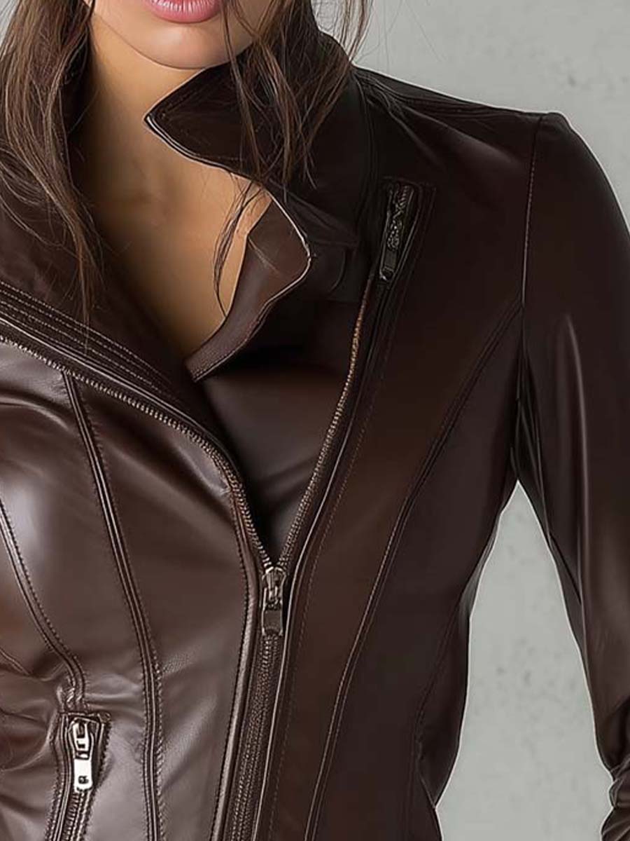 Vintage Brown PU Leather Moto Jacket