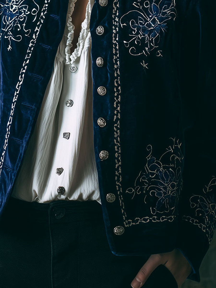 Vintage Button Front Navy Velvet Embroidered Jacket