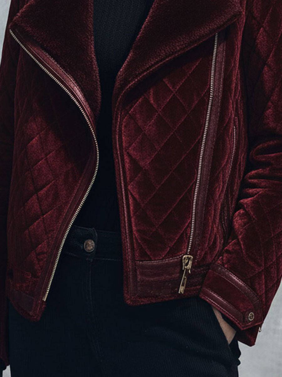 Asymmetrical Zipper Burgundy Quilted Velvet Moto Jacket With Shearling Collar