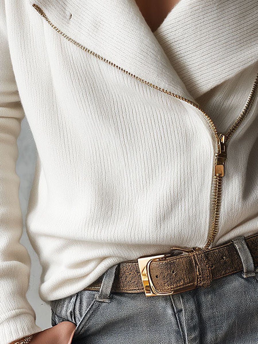Wide Collar Asymmetric Zip Knit Sweater Jacket