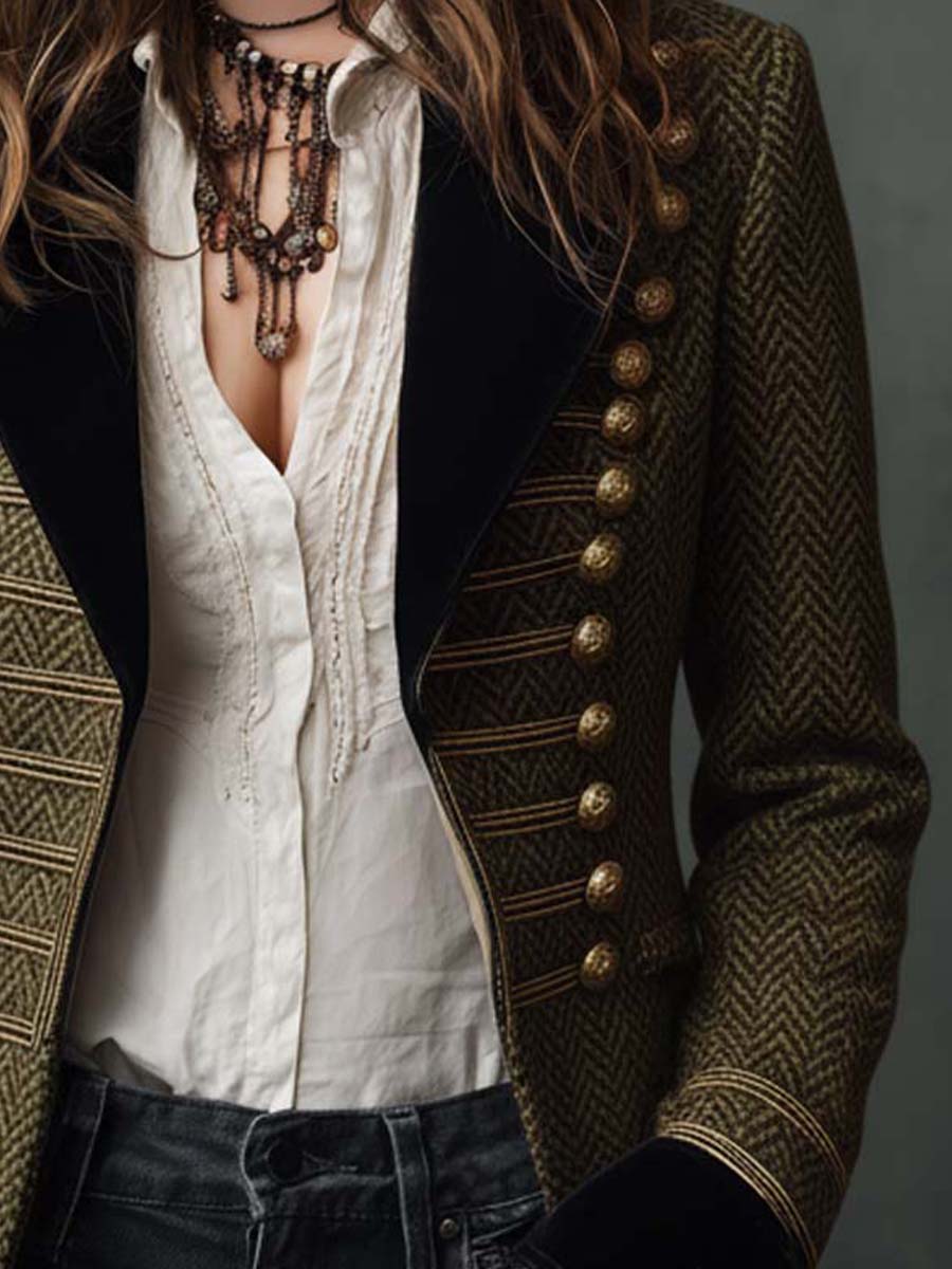 Olive Herringbone Military Blazer With Velvet Trim