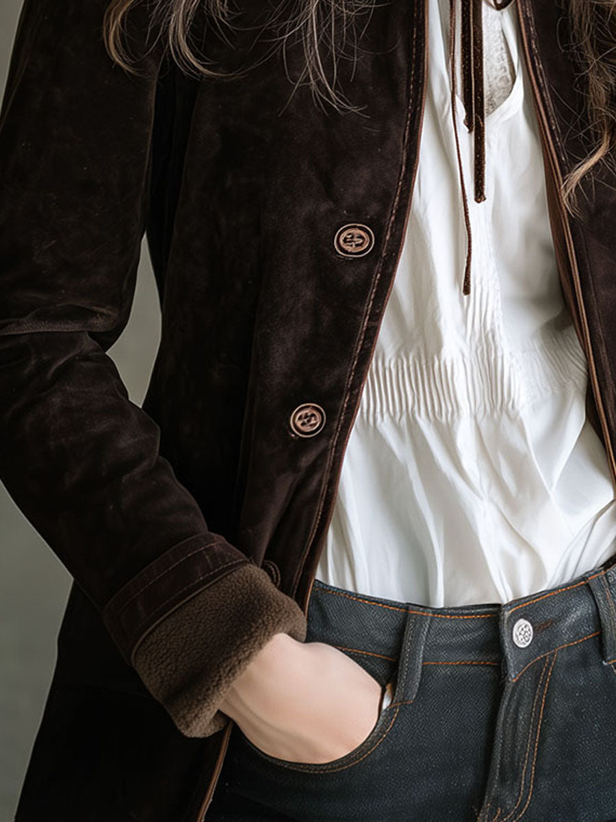 Vintage Chocolate Brown Microsuede Shearling Jacket With Lapel Collar