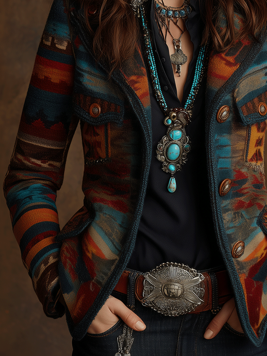 Retro Southwest Geometric Print And Tailored Fit Jacket