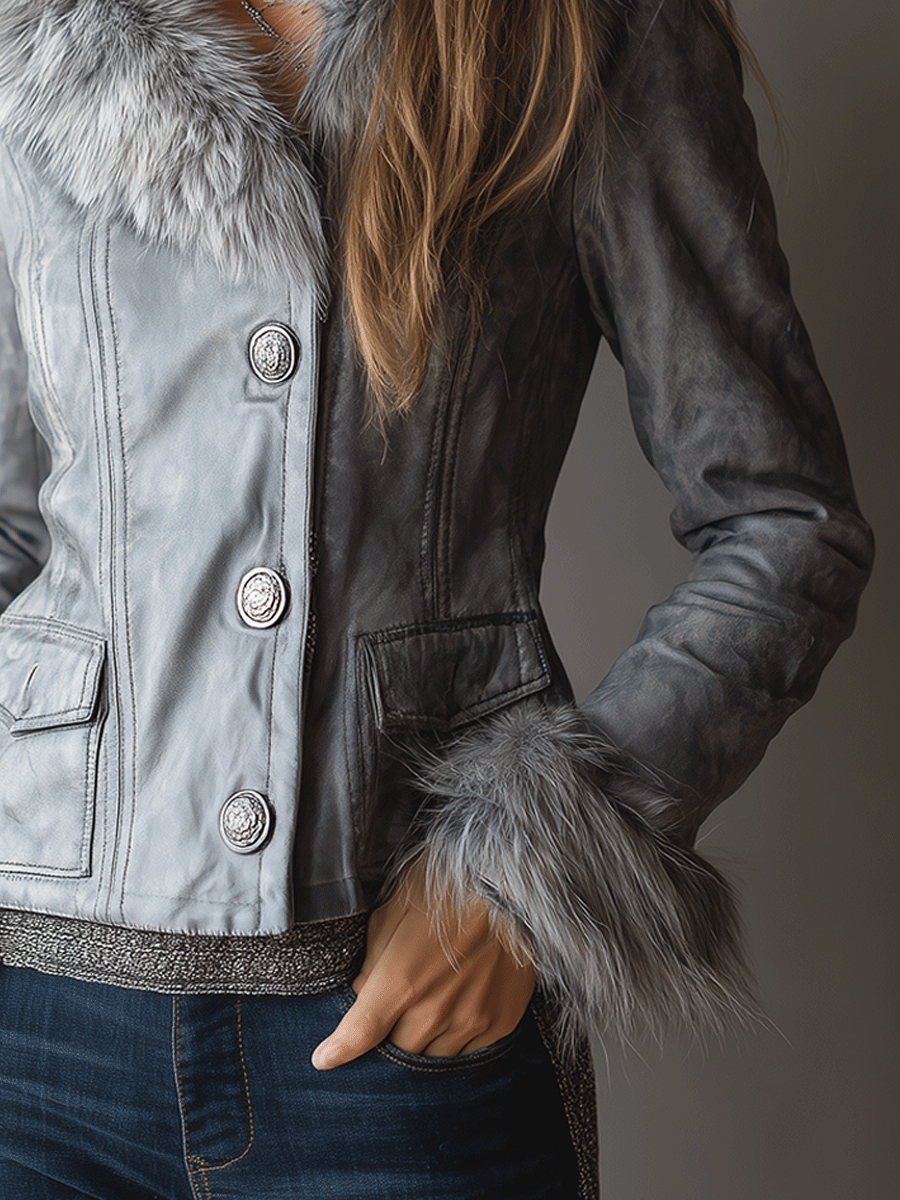 Vintage Grey Leather Faux Fur Trim Jacket