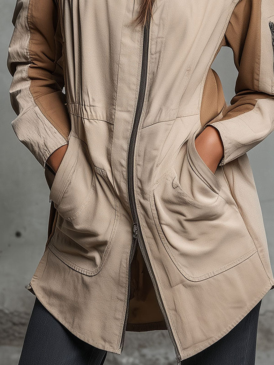 Khaki & Brown Utility Hooded Cargo Parka Jacket With Multipel Pockets