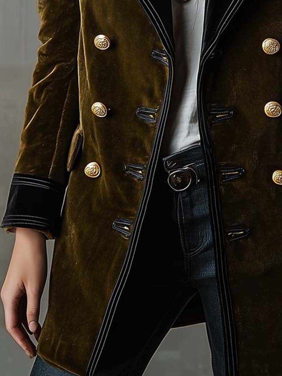 Olive Synthetic Velvet Double-Breasted Military Coat