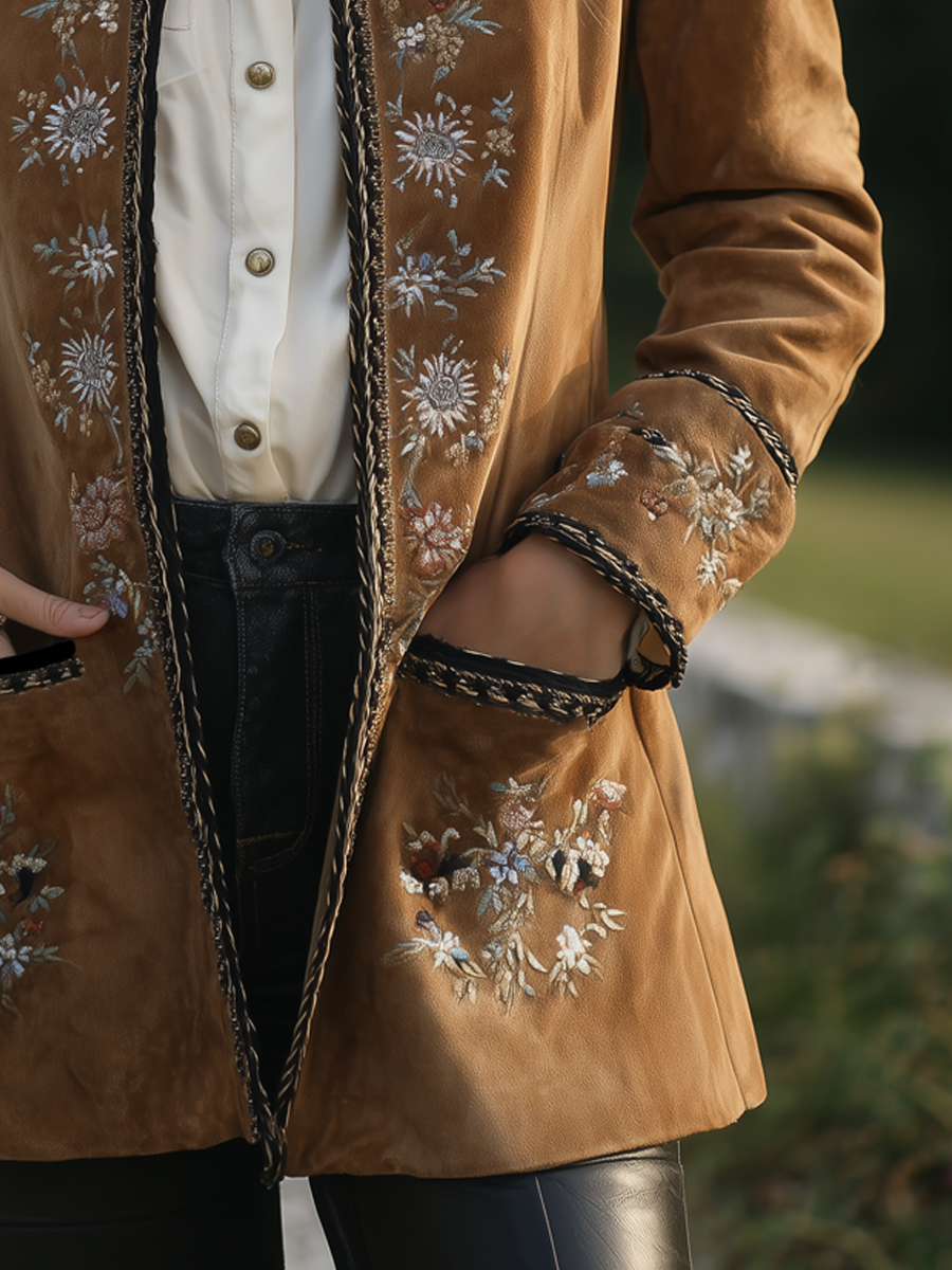 Vintage Floral Embroidered Crew Neck Eco-friendly Suede Jacket