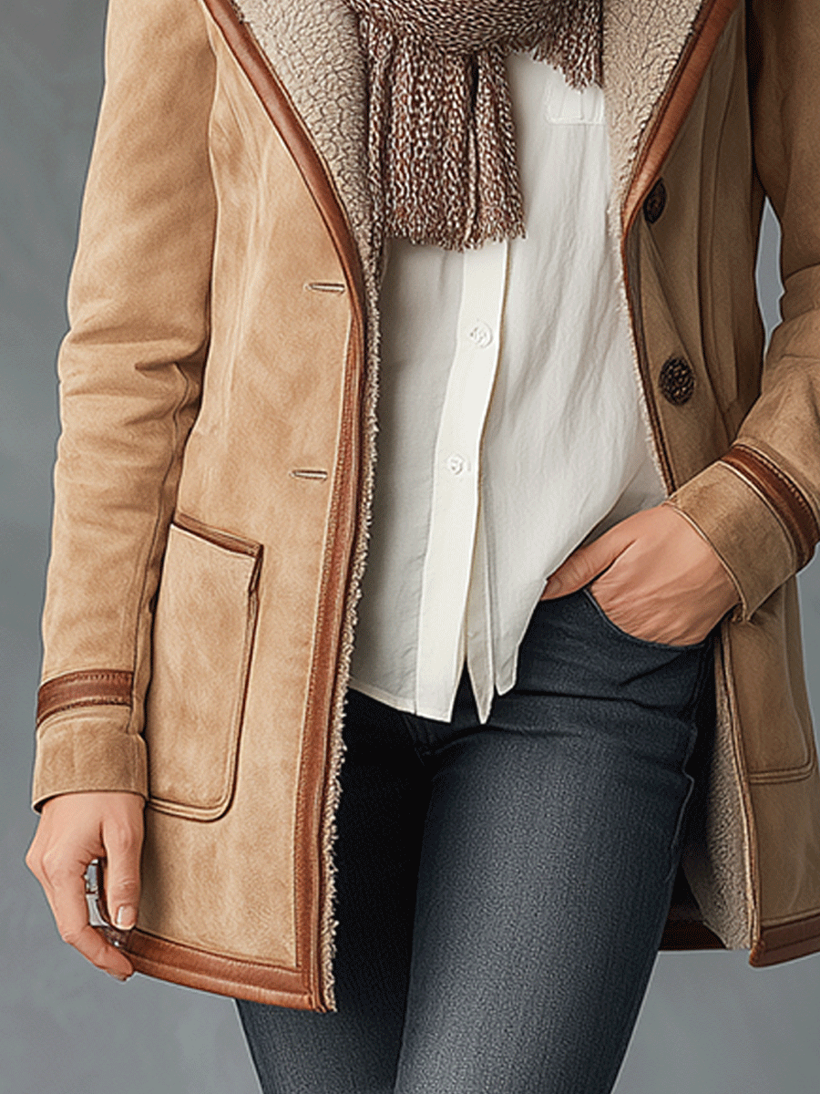 Vintage Camel Lamb Fur Collar Suede Coat