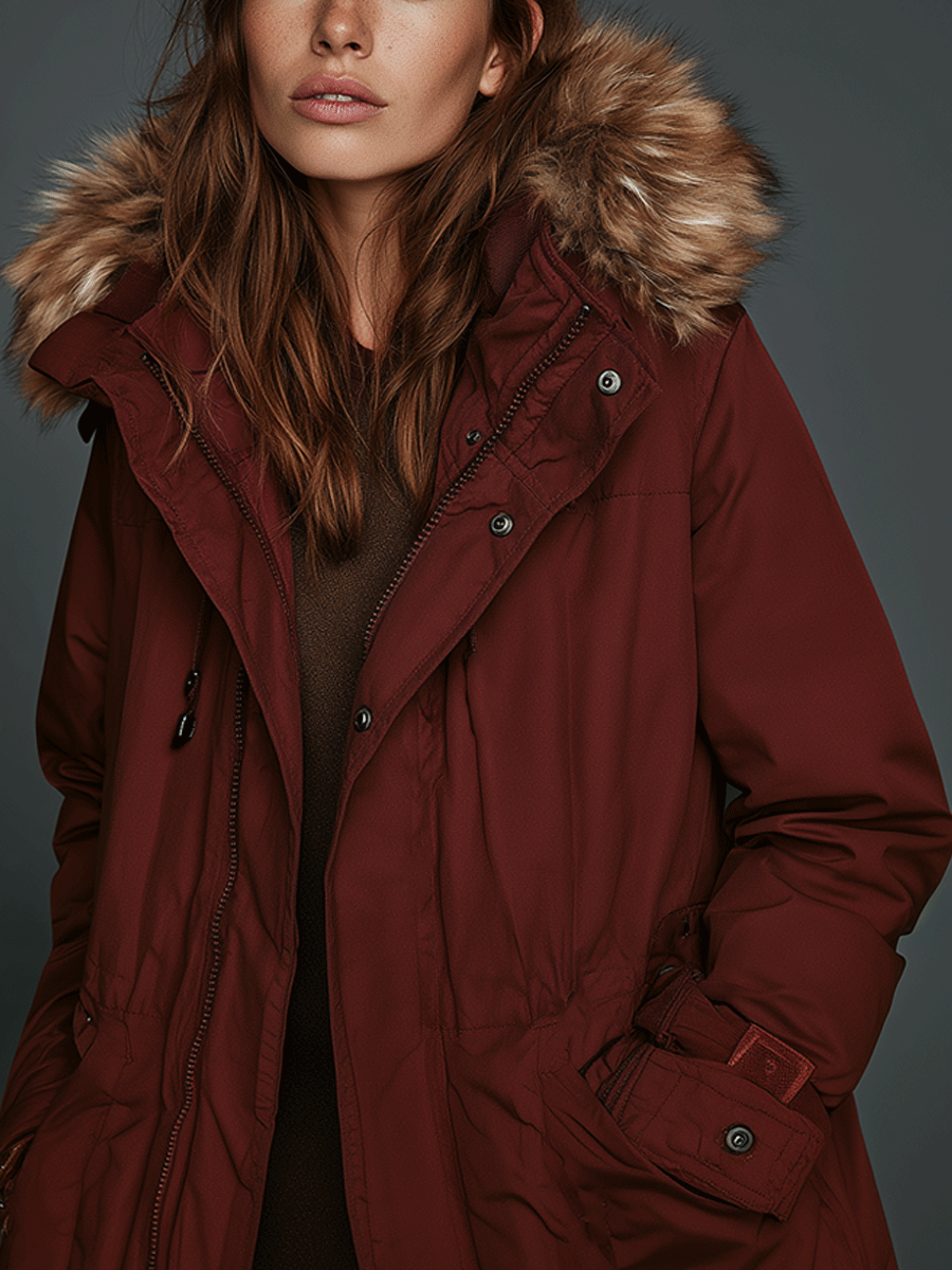 Vintage-Inspired Burgundy Utility Parka Jacket
