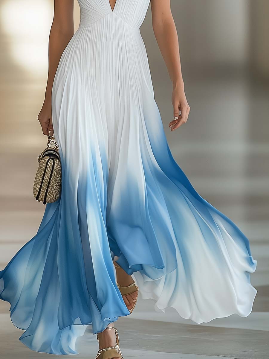 【24-hour shipping out】Elegant And Flowing V-Neck Pleated Chiffon Blue Gradient White Maxi Dress