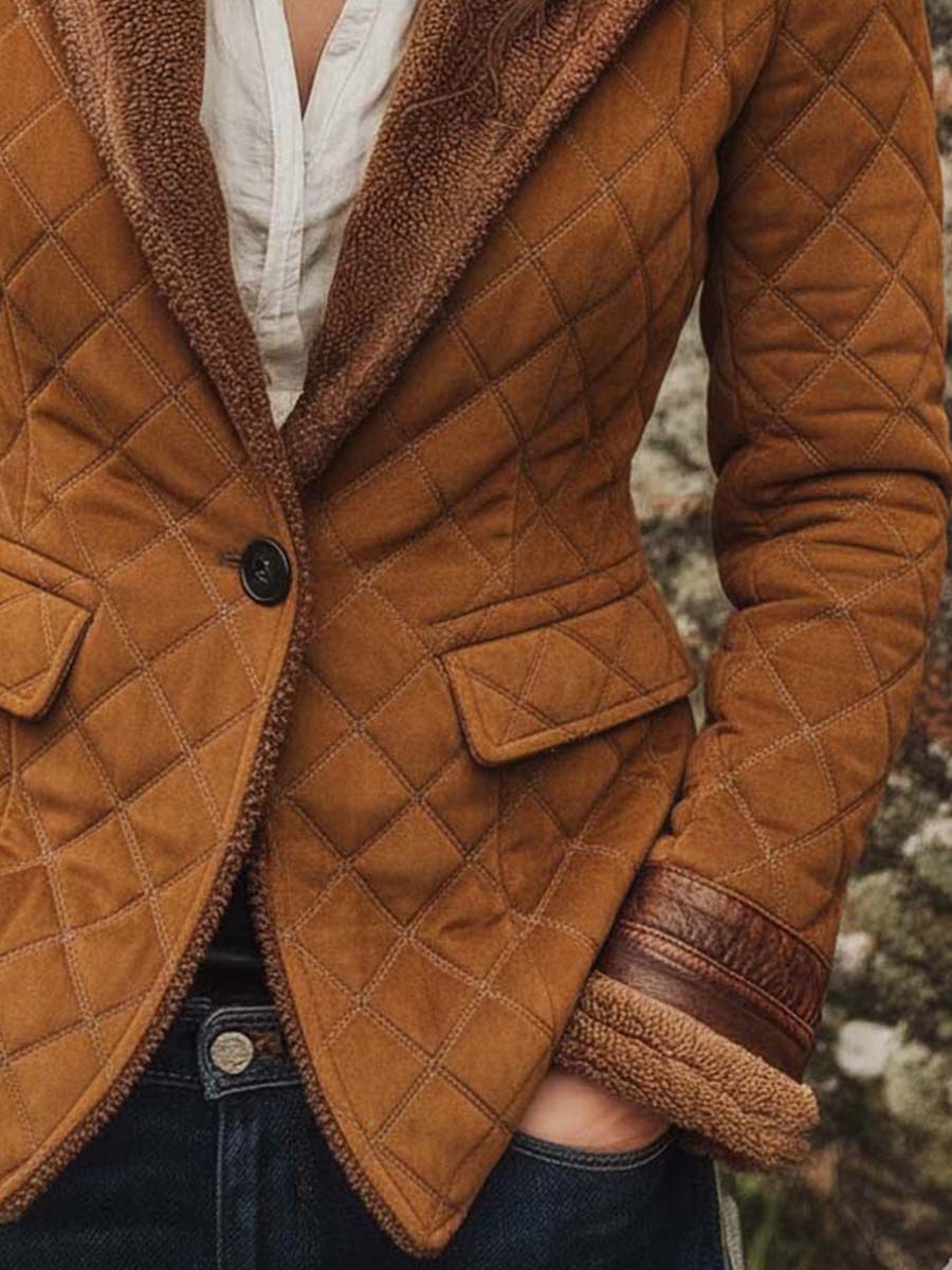 Vintage Suede Quilted Embossed Jacket With Shearling Trim