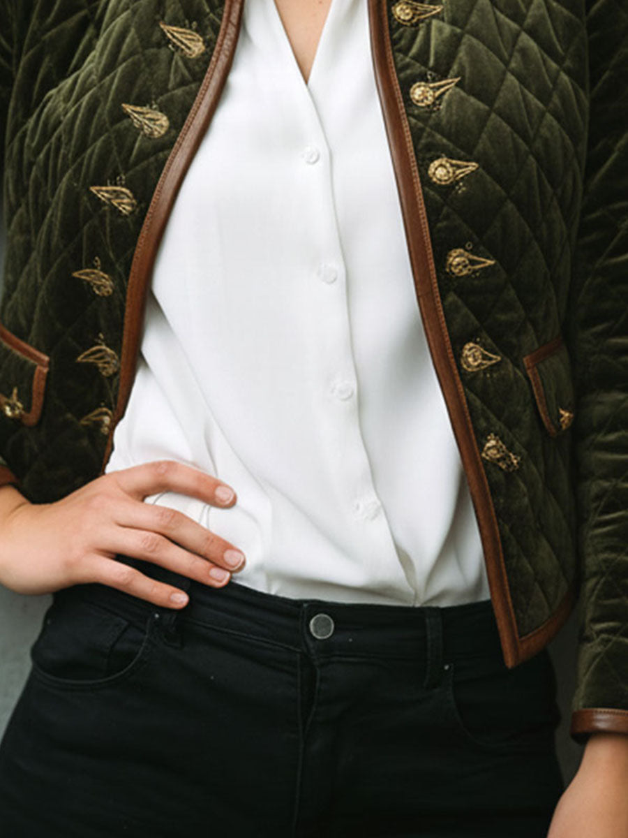 Vintage Olive Quilted Velvet Button Down Jacket