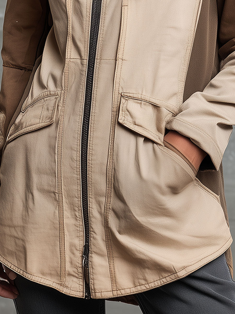 Beige & Brown Colorblock Hooded Utility Jacket