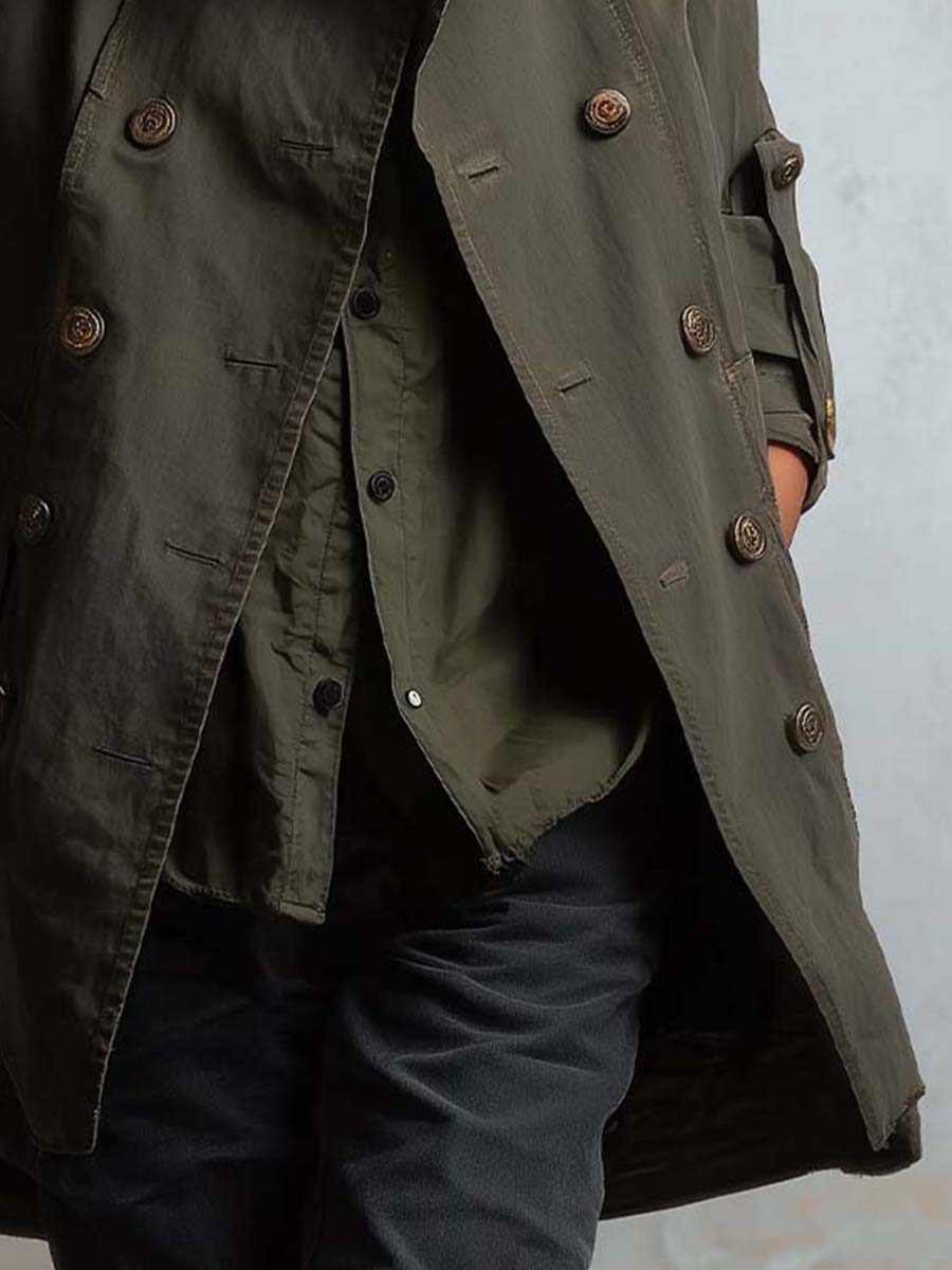 Vintage Army Green Utility Trench Coat With Double-Breasted Buttons