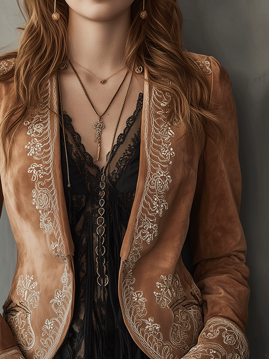 Boho Chic Caramel Embroidered Velvet Jacket