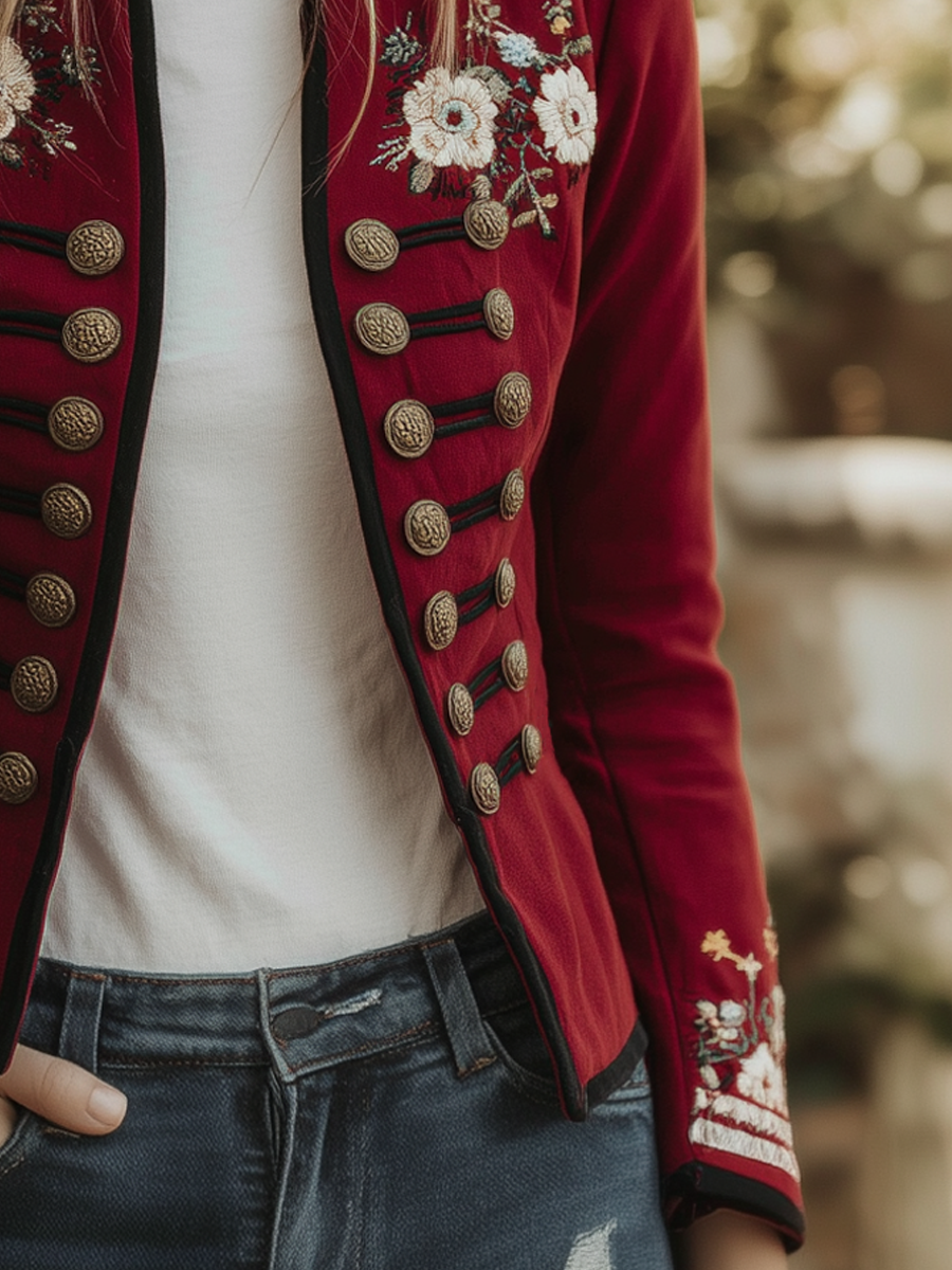 Vintage Stand Collar Floral Embroidered Jacket