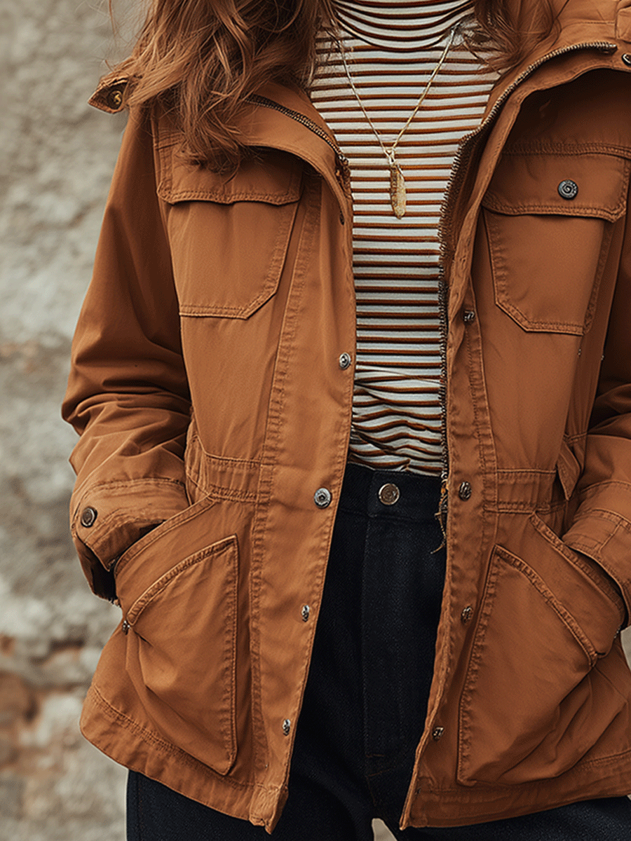 Retro Outdoor-Inspired Brown Utility Jacket