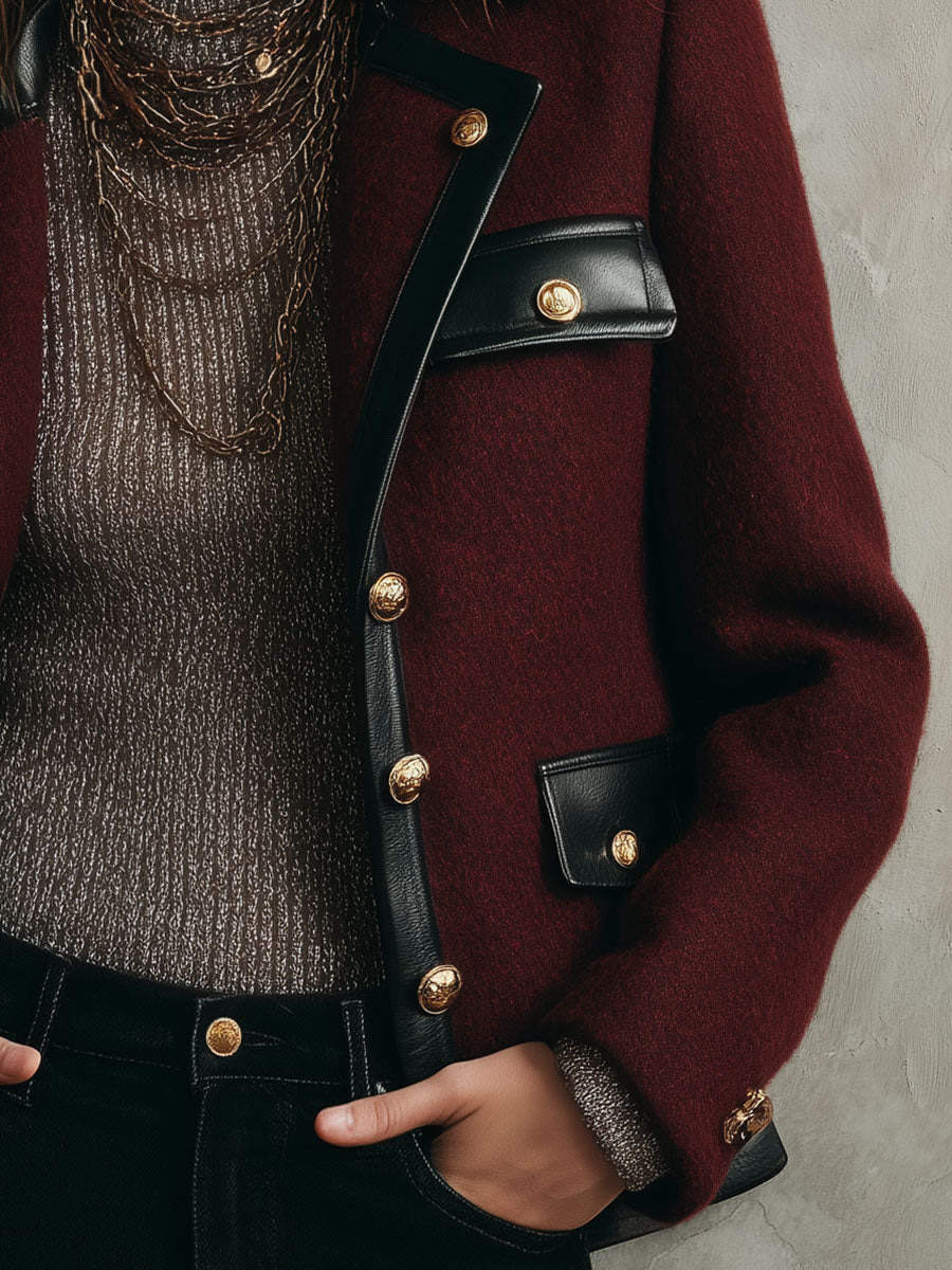 Retro Wool PU Patchwork Double-breasted Jacket