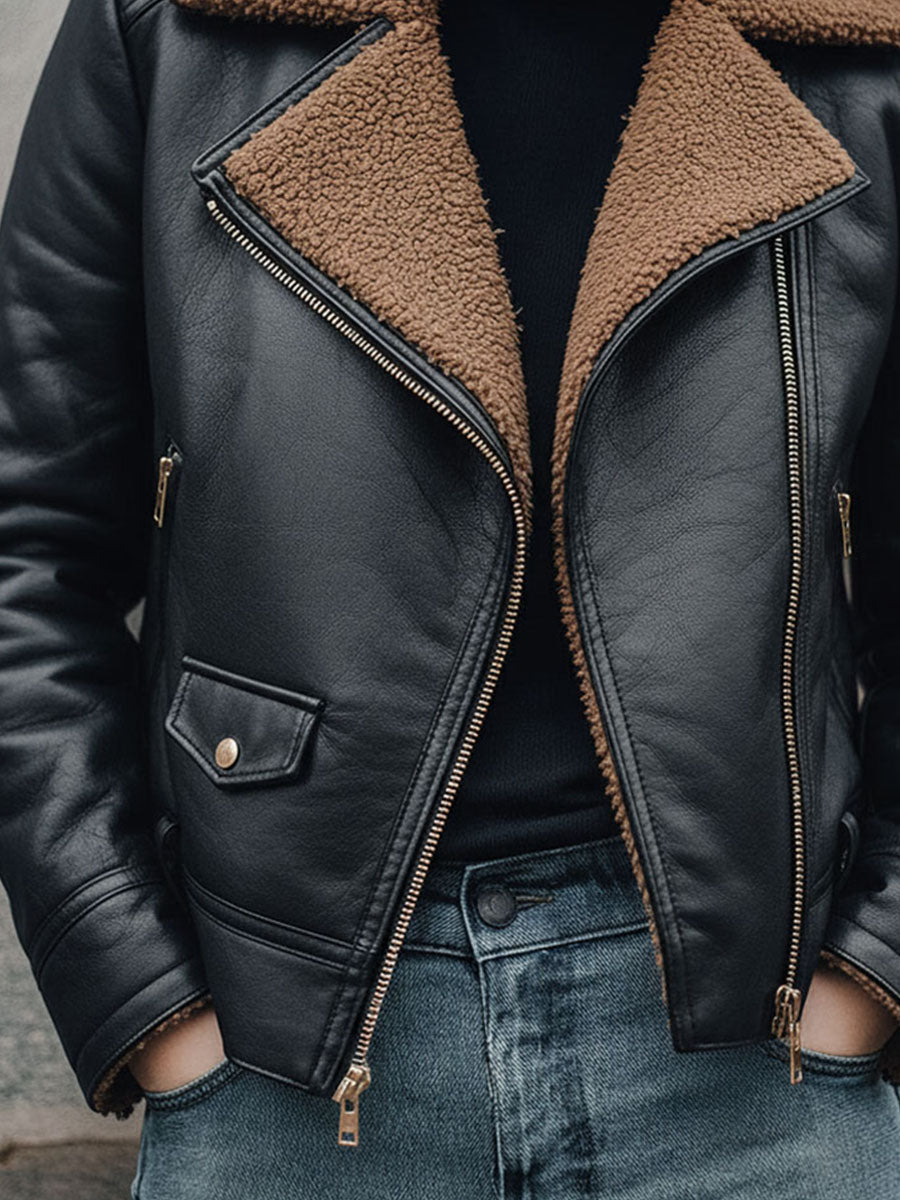 Classic Black Shearling Eco Leather Moto Jacket