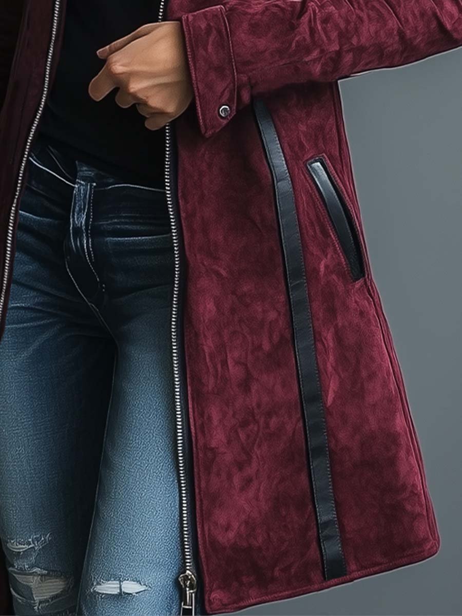 Women's Vintage Burgundy Leather Patchwork Suede Jacket