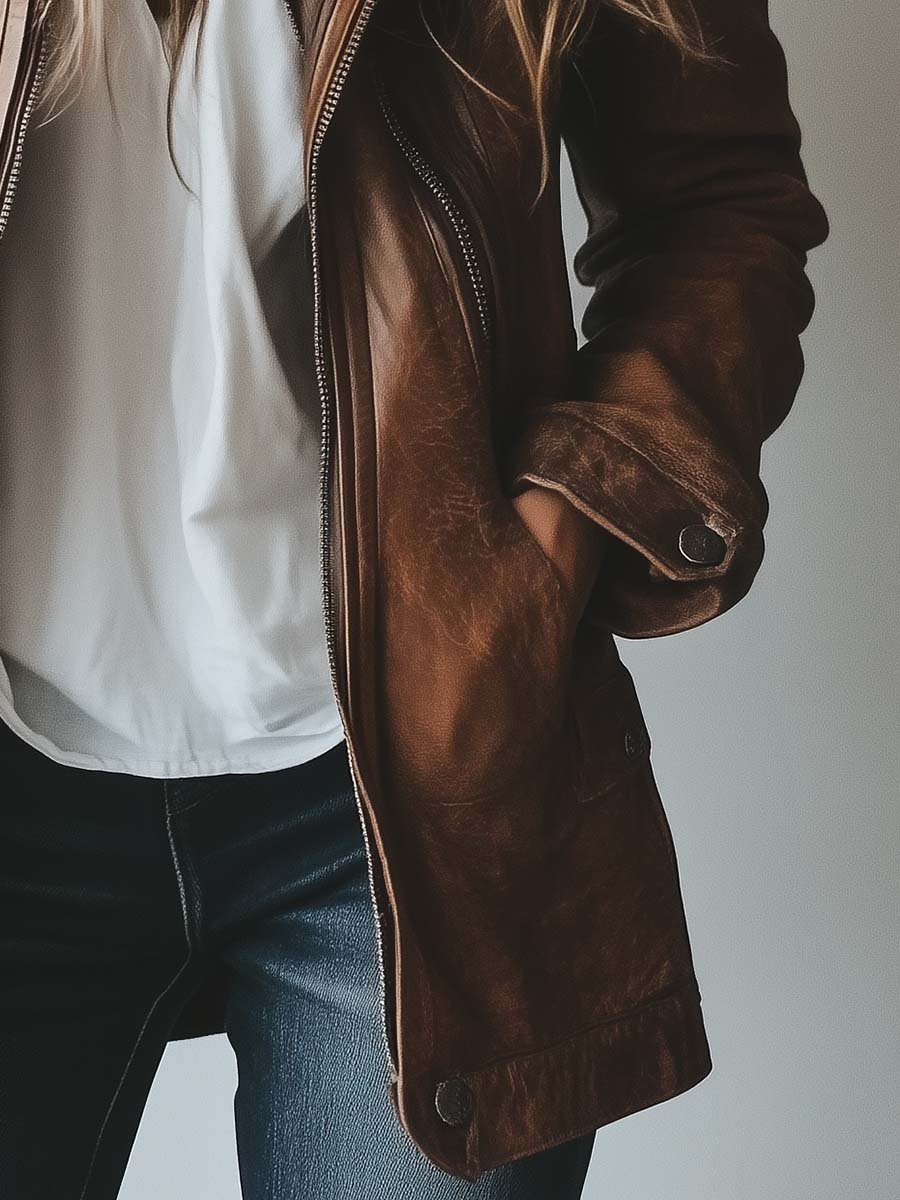 Women's Vintage Lapel Zipper Faux Leather Jacket