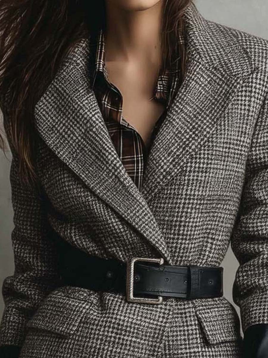 Vintage Plaid Wool Blazer With Leather Cuffs And Belt