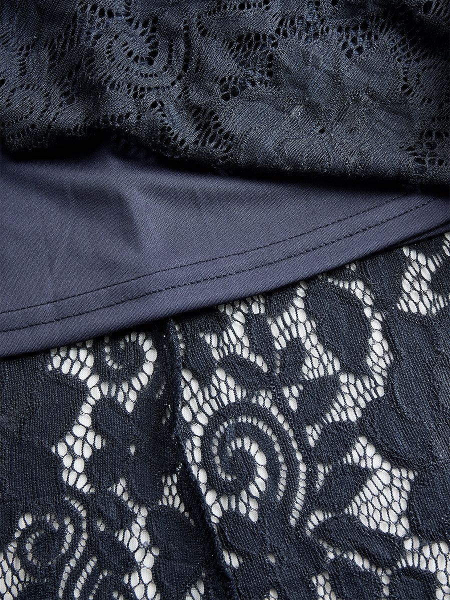 Vintage Bohemian Blue Lace Long Sleeve Midi Dress