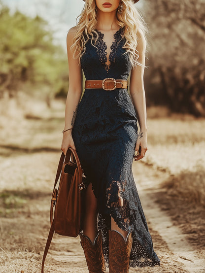 【24-hour shipping out】Vintage Bohemian Blue Lace Sleeveless Midi Dress